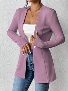 Chiquease Women's Solid Color Collarless Drawstring Waisted Casual Jacket, Long Sleeve