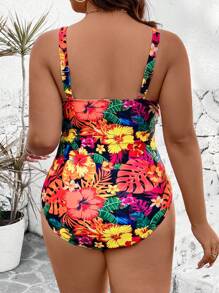 Swim Lushoire Plus Size Women Sexy Floral Print Adjustable Strap One-Piece Swimsuit, Flattering & Slimming Design For Beach, Resort Vacation For Summer - Multicolor - View 2