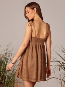 WESTFADE Gemischtes Material Häkelspitze & gewebter quadratischer Ausschnitt Schleifen Träger Mini Kleid Frühling Sommer Strandurlaub