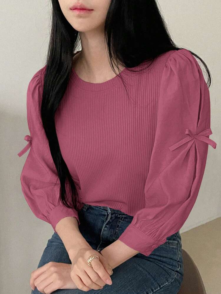 Women's Ribbed Fabric Patchwork Round Neck Loose Pullover Shirt With Butterfly Decor Long Sleeve Top