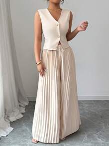 Elenzga 2 件套：纯色金属纽扣无袖衬衫和褶皱西裤，优雅女装 - 杏色 - 查看 3