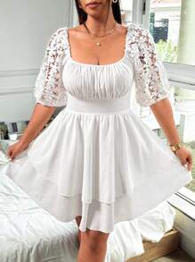 Sunnyshic Vestido de fiesta de boda de largo hasta la rodilla, de cuello cuadrado, ajustado, con parches de encaje blanco y volantes en la Bottom, elegante y casual, para invitados de boda en resorts, tallas grandes