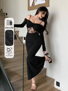 DAZY Women's Lace Patchwork Hollow Out Off Shoulder Long Sleeve Dress For Party/Graduation,Back To School Clothes,Fall Dress - Black - View 10