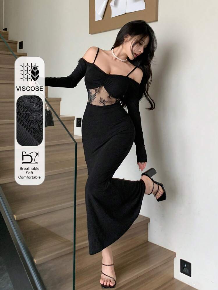 DAZY 女士蕾丝拼布镂空露肩长袖连衣裙，适合派对/毕业典礼、返校服、秋季连衣裙 - 黑色 - 查看 10