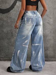 SHEIN ICON Women's Metallic Wide-Leg Jeans - Blue - View 2