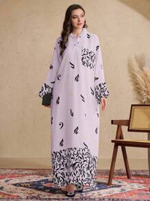 Al Najma 女士蝙蝠袖连帽土耳其和阿拉伯传统长袍、卡夫坦和贾拉比亚 - 淡紫色 - 查看 3