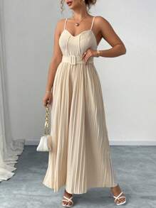 SHEIN Unity 大码高腰褶皱阔腿浪漫连体裤 - 杏色 - 查看 3