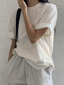DAZY Solid Round Neck Tee Oversized T-Shirt - White - View 7