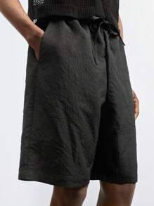 Maija Shorts informales de pierna ancha con bolsillo y cinturón de unicolor para hombre - Negro - Ver 3