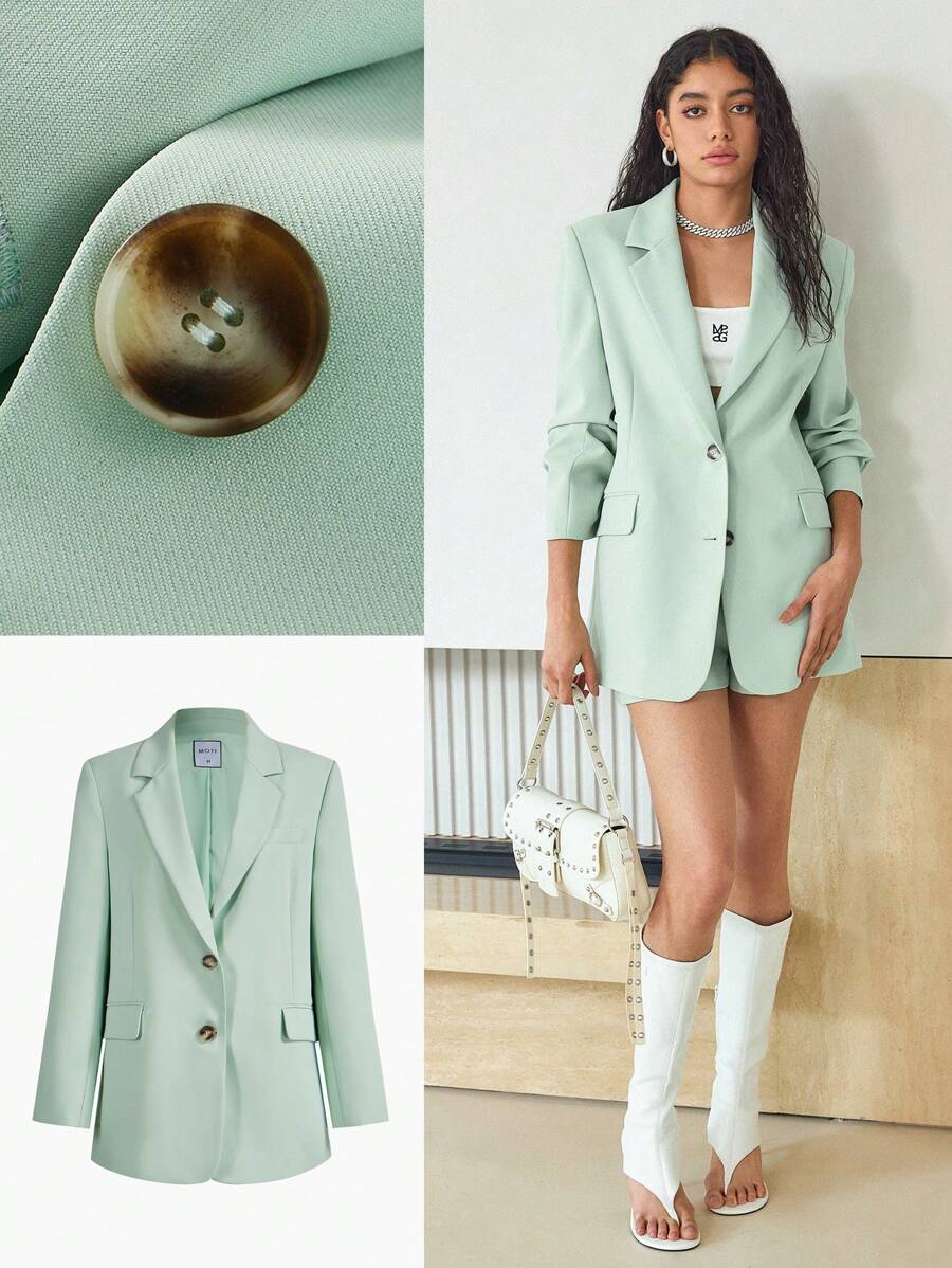 MOTF STUDIO ÁO BLAZER CỔ CỔ NGANG ĐƠN NGỰC CẤU TRÚC THẲNG - màu xanh lá - Xem 1