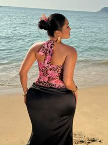 POPSWAY 露肩甜美花卉豹纹印花网眼短款背心，性感别致的女士海滩/度假风格 - 彩色 - 查看 3