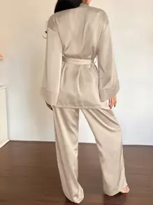 DAZY Spring Elegant Satin Belted Robe & Pants Pajama Set, Sleepwear Suit, Fall Winter Clothes Pajama - Apricot - View 2