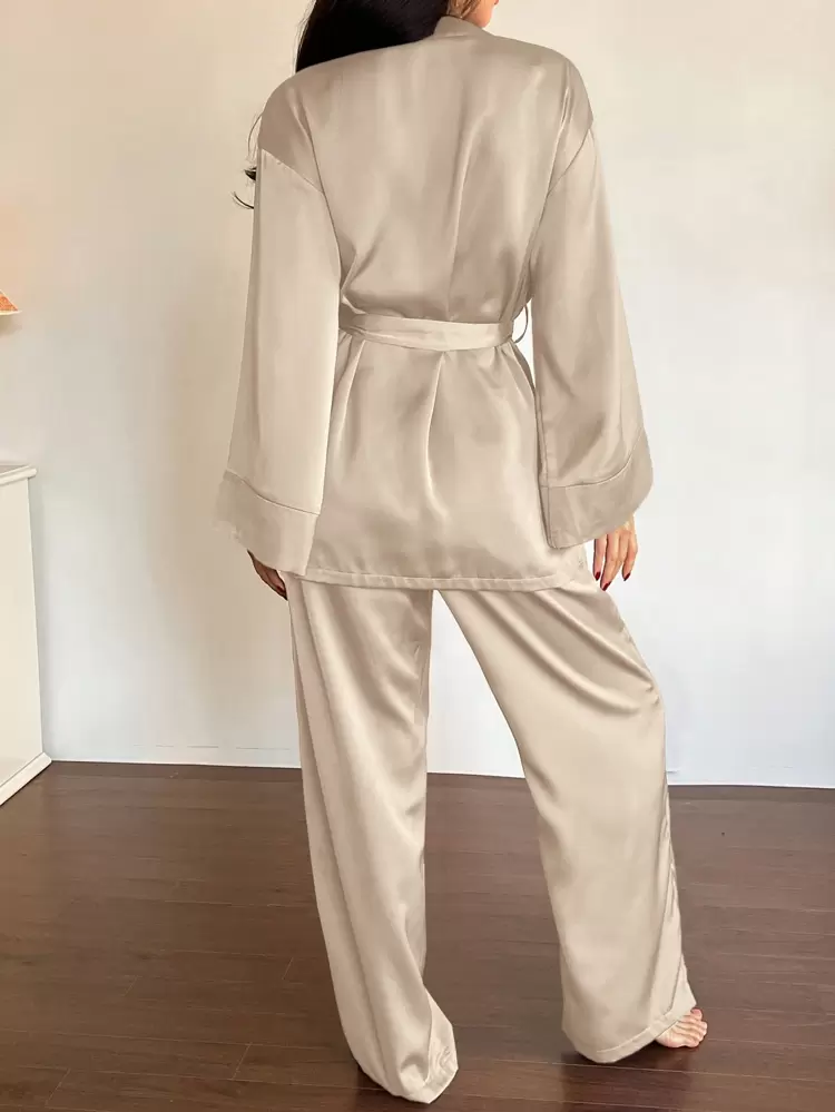 Spring Elegant Satin Belted Robe & Pants Pajama Set, Sleepwear Suit, Fall Winter Clothes Pajama