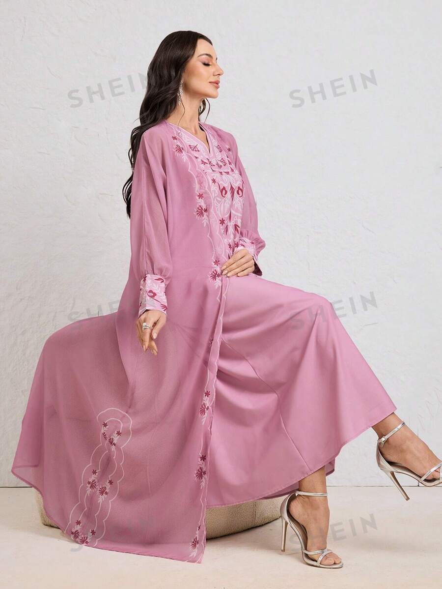 Al Najma Conjunto de 2 piezas para mujer: Bata de gasa con estampado floral de manga larga y vestido escote en V, elegante