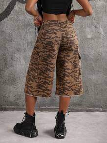 SHEIN ICON Women's Zebra Print Distressed Cargo Pocket Frayed Hem Casual Denim Shorts - Multicolor - View 2