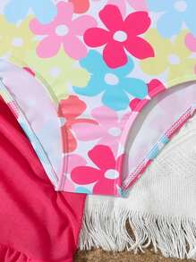 Traje de baño una pieza con falda cubrembreras y volantes con estampado floral para niña, patrón impreso al azar