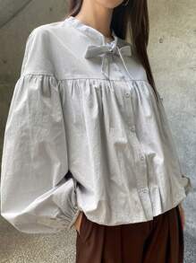 FRIFUL Áo cánh dài tay đơn sắc cài nút phía trước cho nữ - Xám - Xem 8