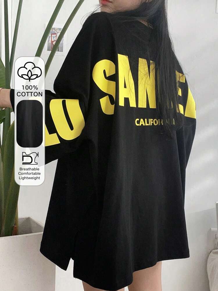 Women's Summer Round Neck Drop Shoulder Sleeve Loose Casual T-Shirt With Letter Print Oversized T-Shirt,Graphic Tees Preppy Tops