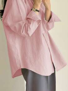 DAZY Women Solid Color Turn-Down Collar Long Sleeve Shirt With Front Buttons,Long Sleeve Tops