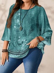 EMERY ROSE 大码女式休闲全印花圆领宽松 3/4 袖衬衫，秋冬款