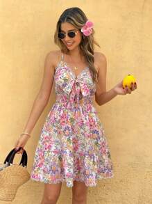 SHEIN VCAY 女式休闲碎花细肩带迷你连衣裙、夏季度假花卉印花连衣裙、沙滩装 - 彩色 - 查看 4