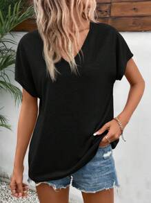 SHEIN Frenchy Camiseta de manga de murciélago de unicolor simple y versátil
