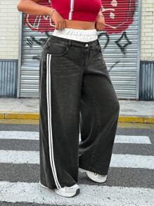 SHEIN ICON 大码休闲拼接条纹阔腿牛仔裤 - 深灰色 - 查看 3