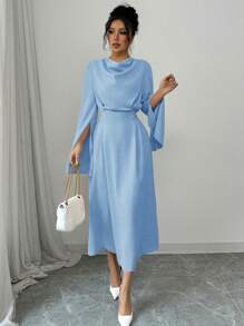 Elenzga 女士优雅纯色喇叭袖开衩连衣裙