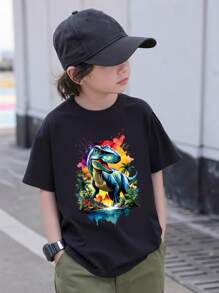 Young Boy Cartoon Pattern Print Round Neck Simple Fashion Short Sleeve T-Shirt - Black - View 1