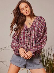 WESTFADE 西部格子 V 领系带蝴蝶结前襟长款泡泡袖上衣 纳什维尔 - 彩色 - 查看 5