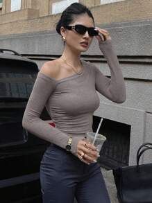 DAZY Dames effen kleur asymmetrische hals lange mouwen cropped getailleerd T-shirt Y2k