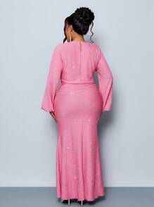 Maweii 加大码，优雅美人鱼下摆长裙，灯笼袖，派对，伴娘，婚礼季，毕业典礼，节日，音乐节，浪漫，爱情，婚礼女装，其他聚会场合 - 粉色 - 查看 2