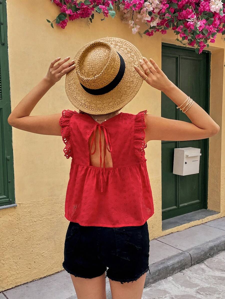 Chiquease 镂空荷叶边休闲衬衫，红色上衣 - 紅色 - 查看 1