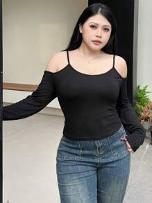 Dazy Petite Plus 大码女式长袖露肩挂脖T恤，黑色，春夏秋季女装 - 黑色 - 查看 4