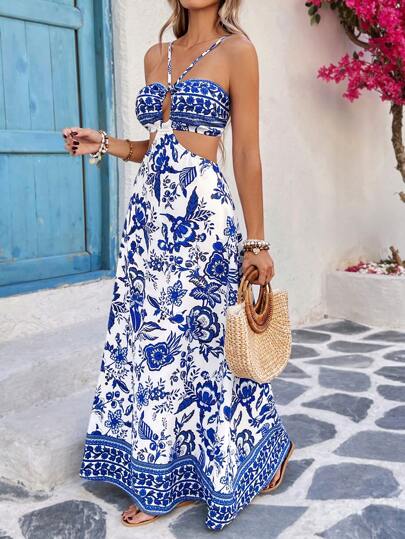 Breezaya Vestido de mujer sin mangas con diseño de corte en la espalda y recogido en la cintura, con estampado de flores, diseño en línea A, para uso casual de vacaciones en primavera/verano