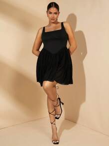 SHEIN BAE Vestido mini de línea A con parches de malla negra, romántico, elegante, sexy y dulce para el Día de San Valentín, fiesta de cumpleaños u otras ocasiones especiales, tallas grandes, primavera/verano