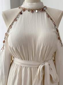 Sunnyshic Vestido largo elegante de línea A para playa con escote halter y cordones, vestido de lino cómodo para vacaciones