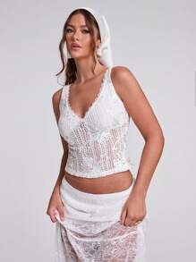 SHEIN BAE Women's Elegant Solid Color Lace Cropped Camisole - White - View 1