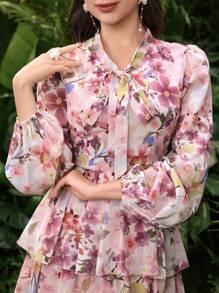 Modelyn Women's Long Sleeve Digital Printed Three-Tier Dress - Pink - View 2