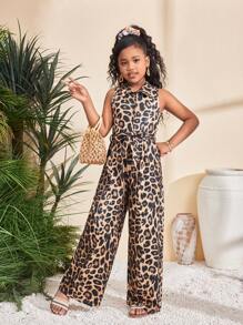 SHEIN Dziewczęcy kombinezon z nadrukiem w panterkę, skręconą talią i stójką, swobodny styl - Morela - Zobacz 6