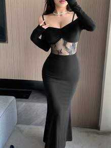 DAZY Women's Lace Patchwork Hollow Out Off Shoulder Long Sleeve Dress For Party/Graduation,Back To School Clothes,Fall Dress - Black - View 9