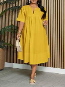 Slaydiva 大码优雅通勤度假休闲宽松纯白色短袖V领A字及膝连衣裙，适合春夏穿着 - 黃色 - 查看 6