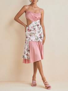 PEARL Designer Floral Printed Satin Ruched Cutout Elegant Girly Prom Dress, Wedding Season Spring And Summer Vacation Sundress, Concert Outfit, Ibiza Fits