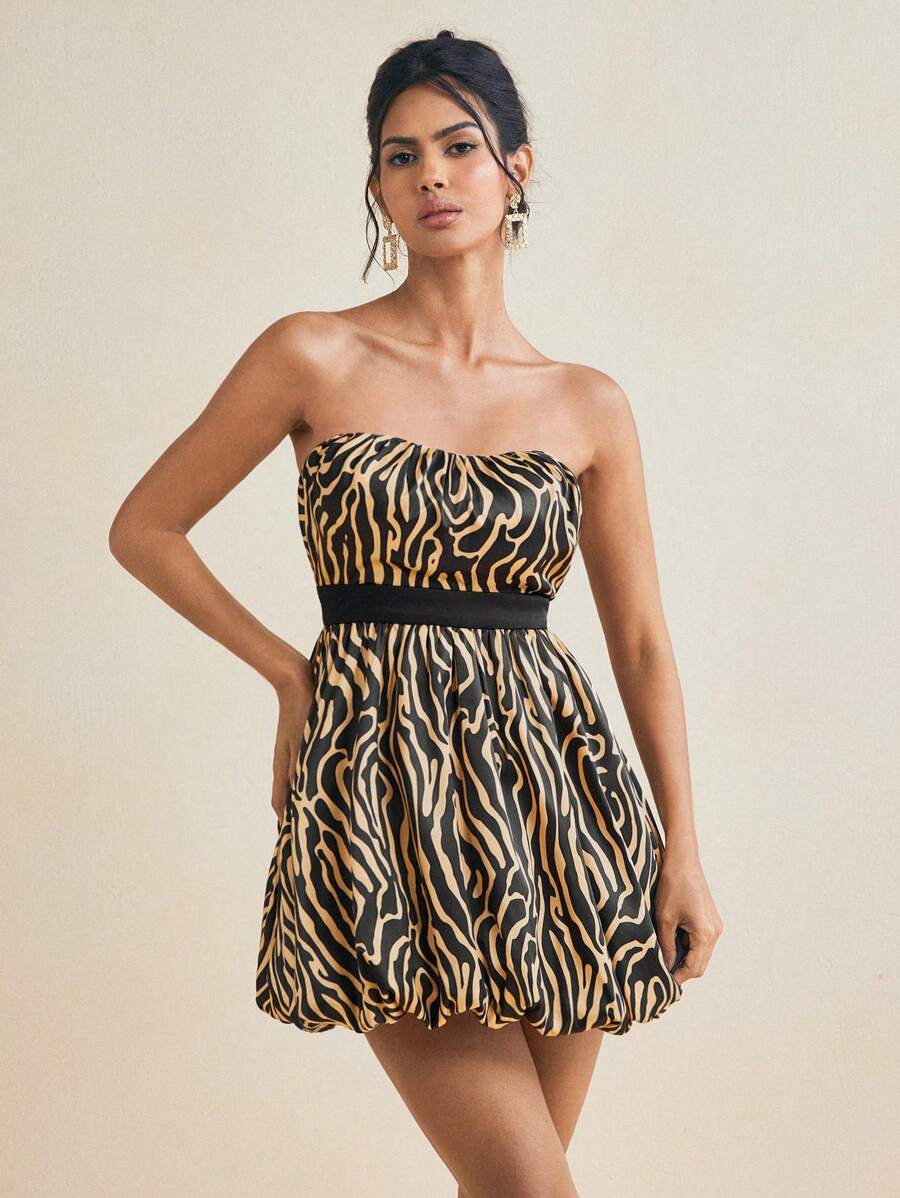 ODELIAR Designer Strapless Allover Print Puffball Mini Dress, Concert Outfit, Prom Dress, For Rave - Yellow - View 1