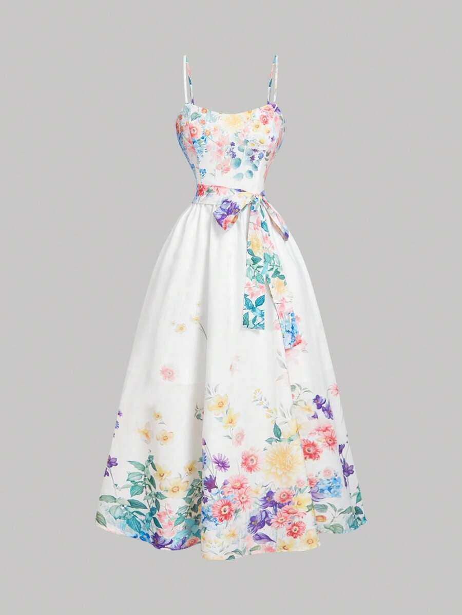 SHEIN MOD 带蝴蝶结的花卉印花女式连衣裙 - 彩色 - 查看 1
