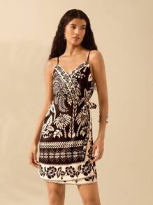 CAJUNI Vestido corto de verano casual con estampado de palmera tropical negra y envolvente con correas para mujer - Multicolor - Ver 3