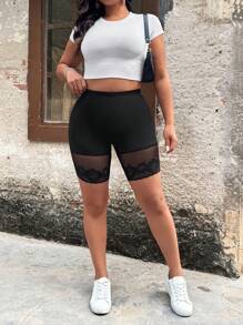 SHEIN LUNE Plus Size Lace Patchwork Knitted Cropped Leggings - Black - View 5