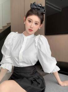 DAZY Women's Stand Collar Shirt With Frill Trim - White - View 6