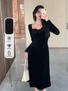 DAZY 女士纯色撞色蕾丝甜心领长袖优雅连衣裙，开学季连衣裙秋冬