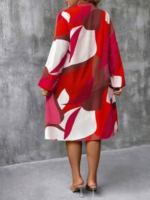 Plus Size Casual Commuter Colorblock Printed Lantern Sleeve Dress